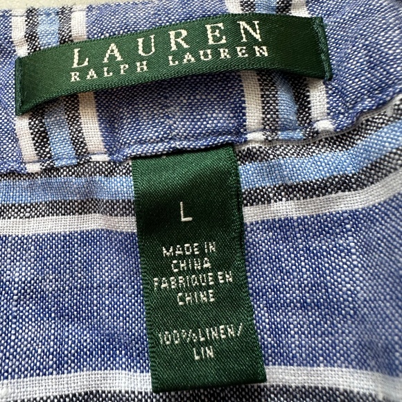 Lauren Ralph Lauren Linen Blue Striped Long Sleeve Popover Blouse | Size Large - Picture 8 of 8